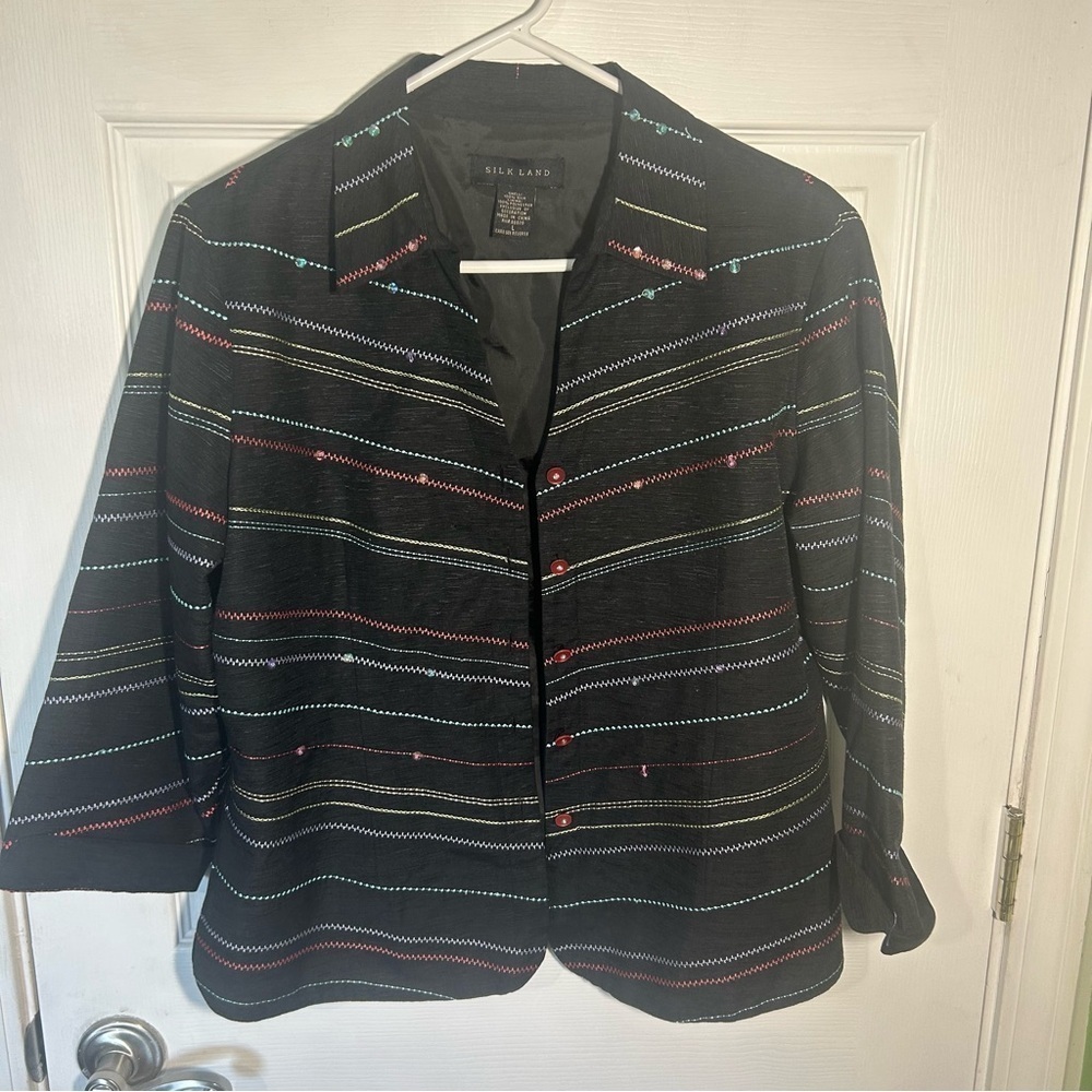 SILKLAND Size Large Black Embroidered 100% SILK SHIRT LINED BLOUSE/JACKET